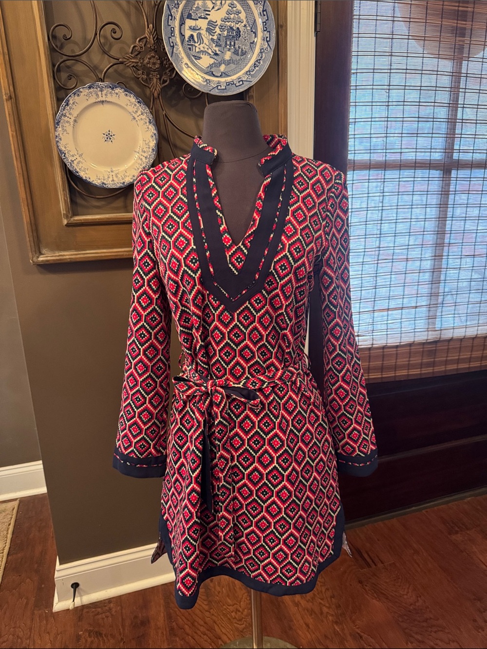 Esley Red & Navy Geometric V-Neck Dress with Belt